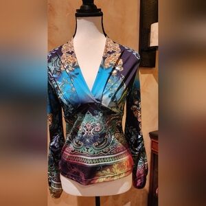 BOHO CHIC Vibrant Multicolor Patterned Top, Blouse. Long Sleeves. Size M.